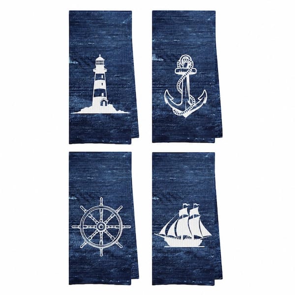 Navy Blue Nautical Waffle Weave Microfiber Kitchen Towels Set of 4, 16 in. x 24 in., Machine Washable