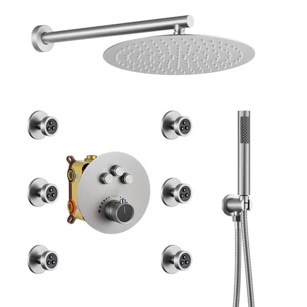 Single Handle 1-Spray 3-function Thermostatic Dual Shower Faucet 1.8 GPM with 6 Body Spray Jets in Brushed Nickel