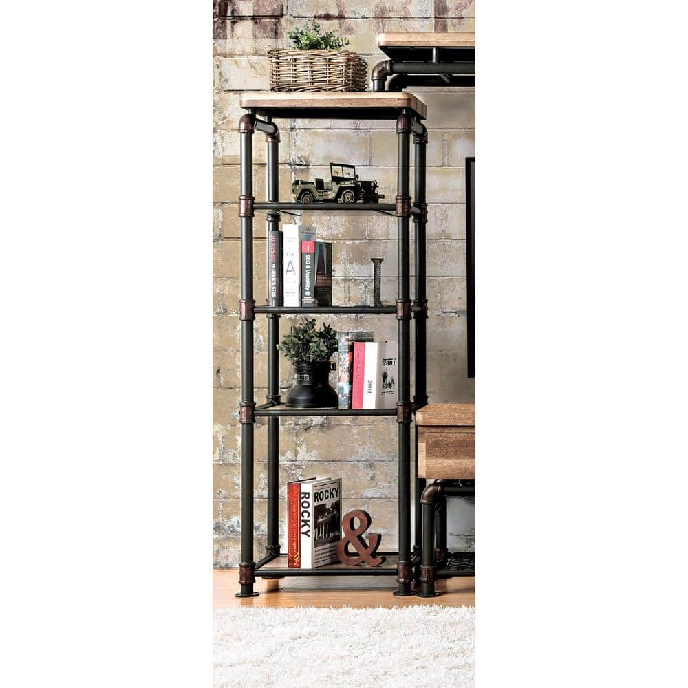 Antique Black Metal and Wood 4-Shelf Etagere Bookcase