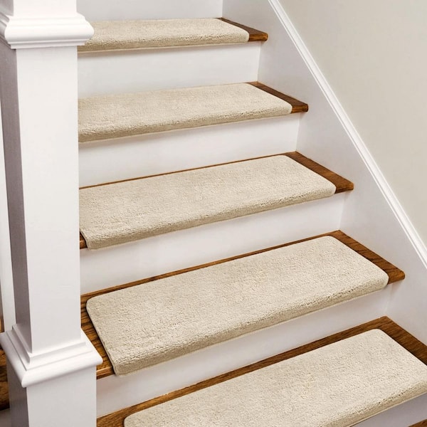 Beige 9.5 in. x 30 in. x 1.2 in. Plush Bullnose Indoor Stair Tread Cover Carpet Self Adhensive Mat (Set of 12)