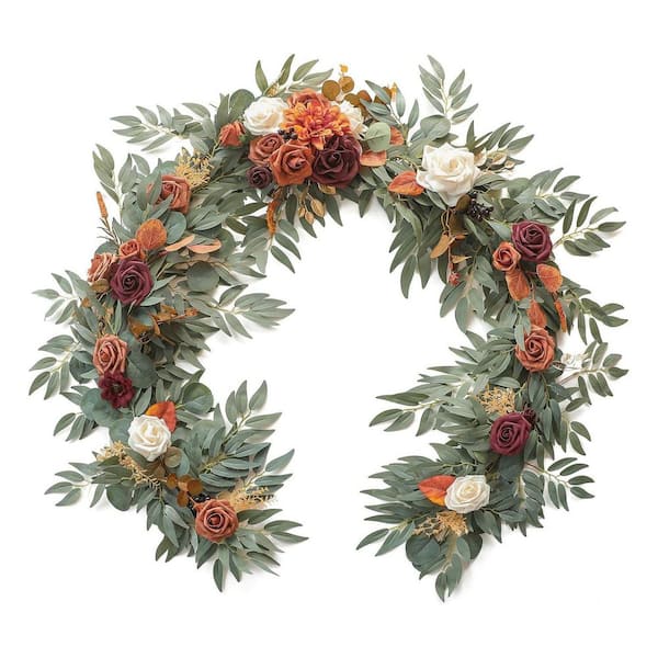 Unbranded 6 ft. Orange Artificial Rose Eucalyptus Garland with Flowers Fake