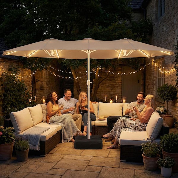 LAZZO 15 ft. Large Patio Umbrella with LED Lights and Base, Rectangular Triple Shade for Patio Deck Garden in Champagne