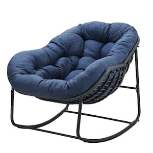 Wicker Outdoor Rocking Chair with Thick Cushion Egg Chair for Balcony Front Porch Garden, Backyard and Deck in Navy Blue