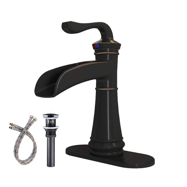 HOMEMYSTIQUE Single Handle Single Hole Bathroom Faucet with Deckplate Included and Pop Up Drain in Oil Rubbed Bronze