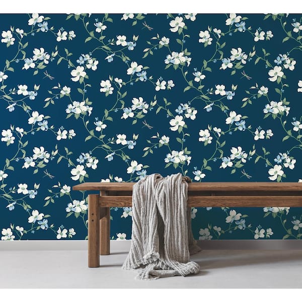 Navy Dogwood Paper Non-Pasted Matte Wallpaper