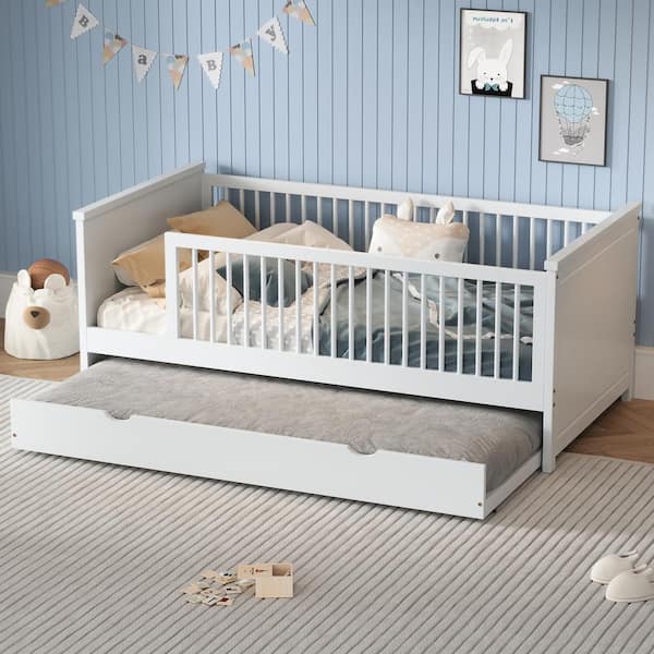 Qualler White Wood Frame Twin Platform Bed with Trundle and Guardrail
