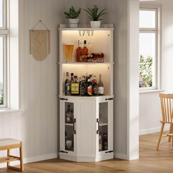 White 19.70 in. W x 67.30 in. Corner Bar Cabinets with Adjustable Shelves, Power Outlet, Lights and Glass Rack