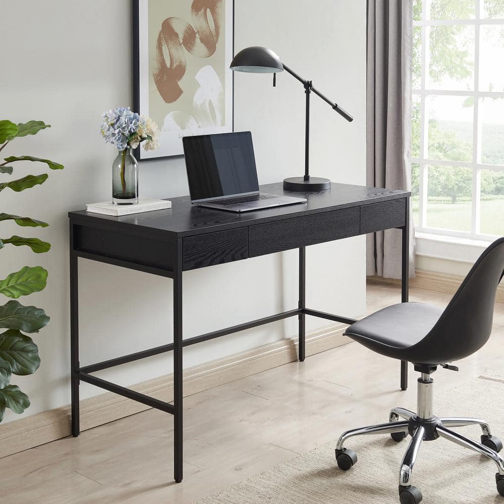 Evans 47'' Mid-Century Black Steel Base Writing Desk with Drawers