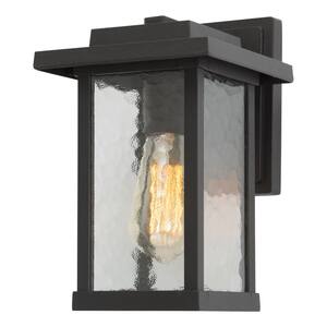 1-Light Black Modern Farmhouse Outdoor Wall Lantern Sconce with Water Glass Shade