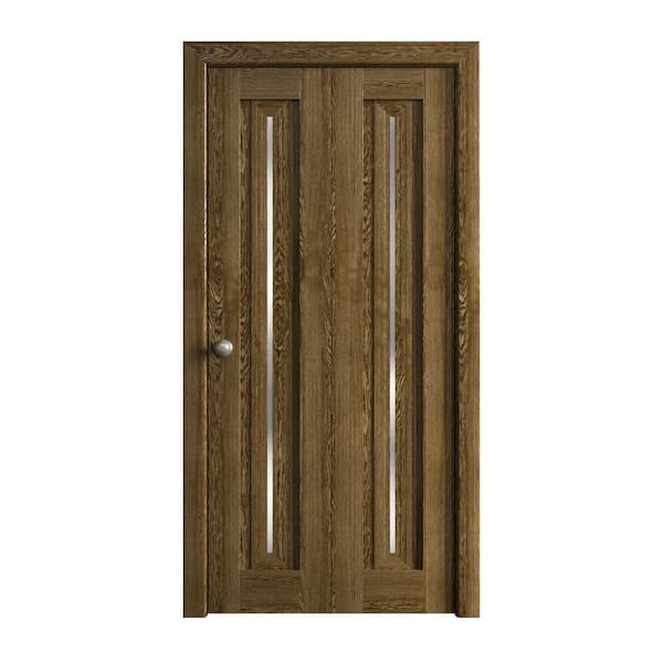 64 in. x 80 in. Frosted Glass Marble Oak Solid Wood Bi-Fold Doors with Hardware