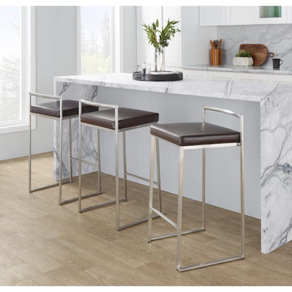Lumisource Fuji 27.75 in. Brown Faux Leather and Stainless Steel Stackable Counter Stool (Set of 3)