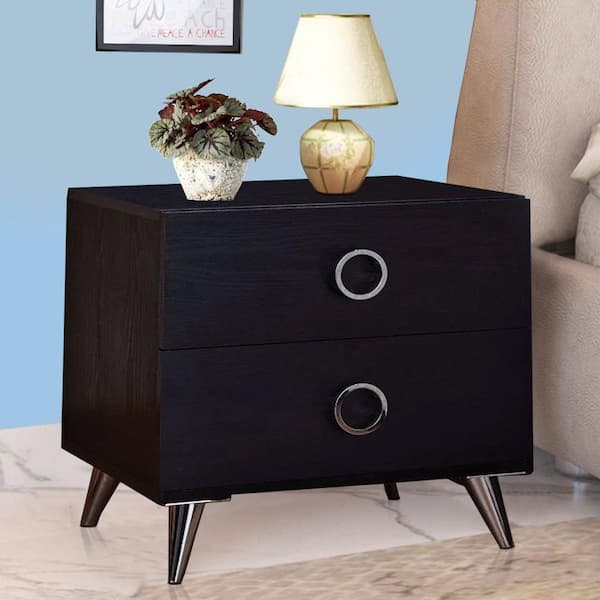 Benjara Contemporary Style 2- Drawer Black and Chrome Wooden Nightstand with Metal legs