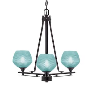 Ontario 19.25 in. 3-Light Dark Granite Geometric Chandelier for Dinning Room with Turquoise Shades No Bulbs Included