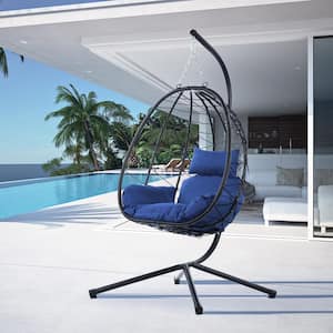 1-Person Black Wicker Outdoor Patio Porch Swing Hanging Egg Chair with Navy Blue Cushions and Steel Stand