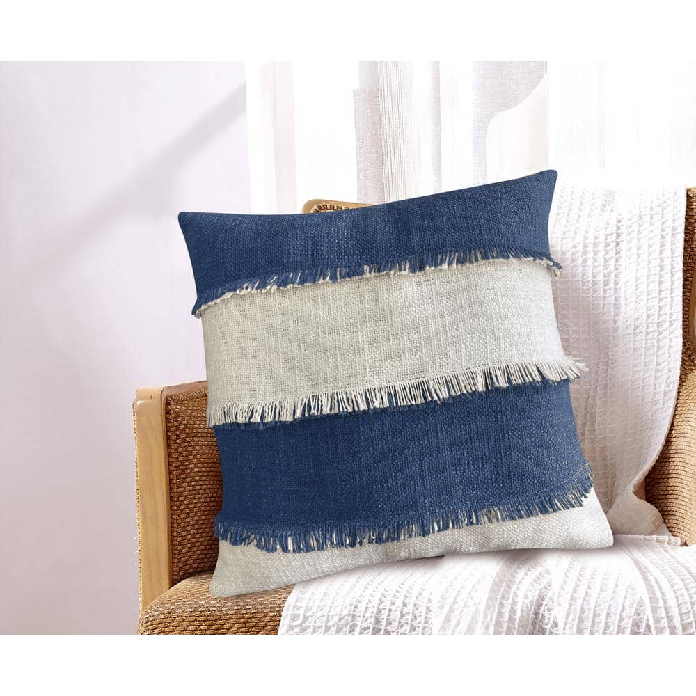 Navy Blue and Off-White Cotton Square Throw Pillow 18x18"