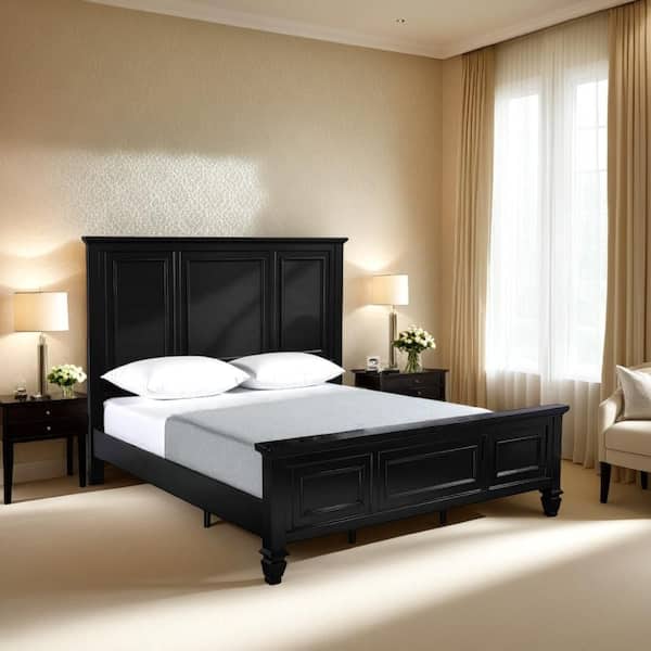 Lila Black Poplar Wood Frame King Platform Bed with Panel Headboard