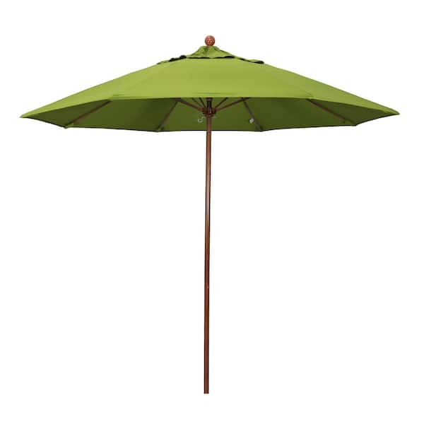 California Umbrella 9 ft. Woodgrain Aluminum Commercial Market Patio Umbrella Fiberglass Ribs and Push Lift in Macaw Sunbrella