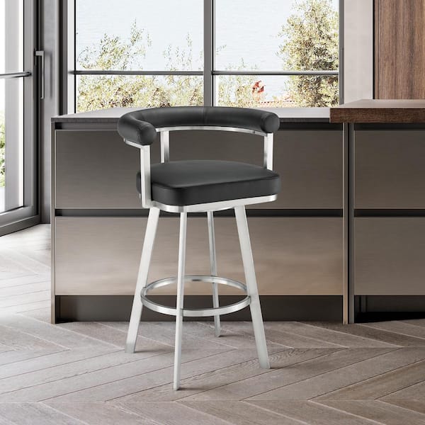 Armen Living Magnolia 26 in. Black/Brushed Stainless Steel Low Back Metal Counter Stool with Faux Leather Seat