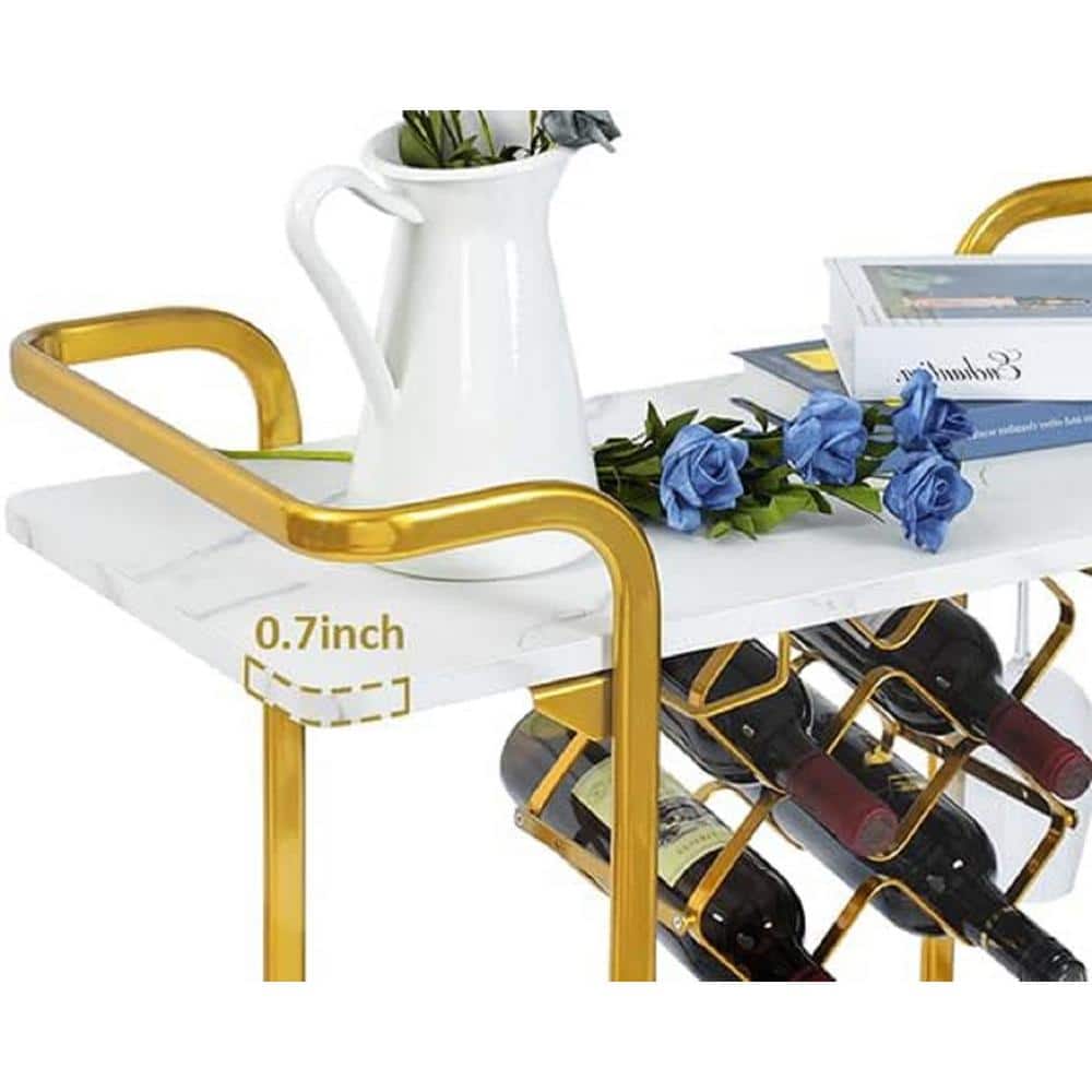2-Tier 5-Bottle Deluxe Gold Bar and Marbled Solid Wood Cart, with Glass Hol