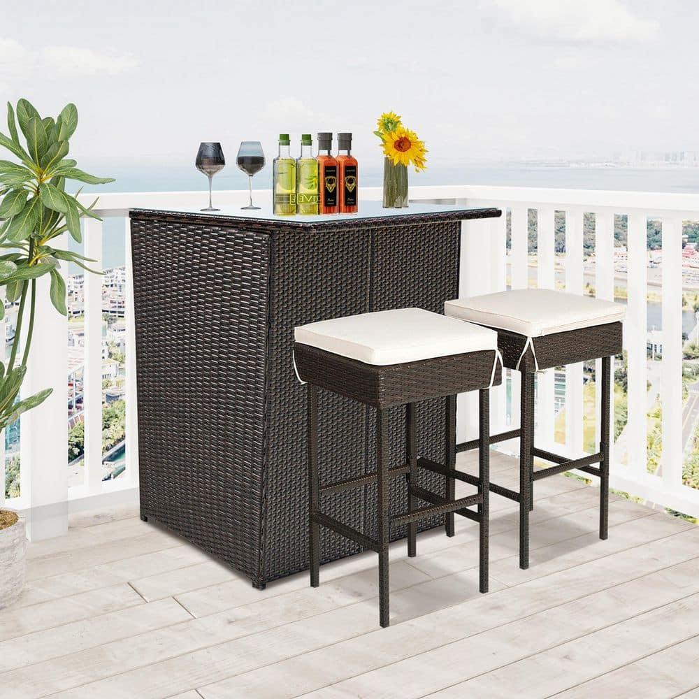 Brown 3-Piece Rattan Wicker Outdoor Serving Bar Set with White Cushion and Tempered Glass Table Top price history on PriceWatchPro