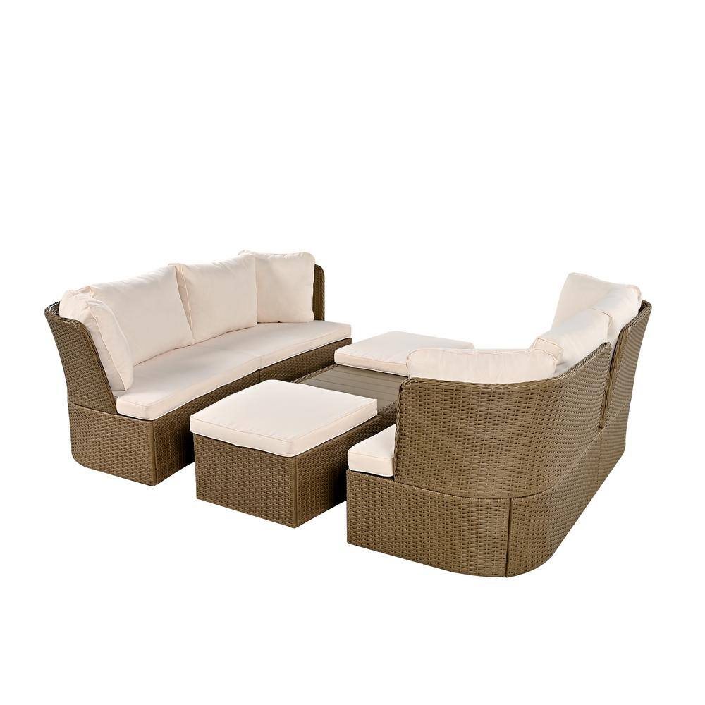 5-Piece Brown Wicker Outdoor Patio Conversation Set with Storage Ottoman and Beige Cushions for Backyard, Porch price history on PriceWatchPro