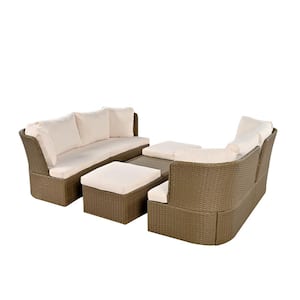 5-Piece Brown Wicker Outdoor Patio Conversation Set with Storage Ottoman and Beige Cushions for Backyard, Porch