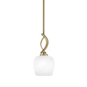 Olympia 1-Light Stem Hung New Age Brass, Mini Pendant-Light with White Marbleized Glass Shade, No Bulb Included