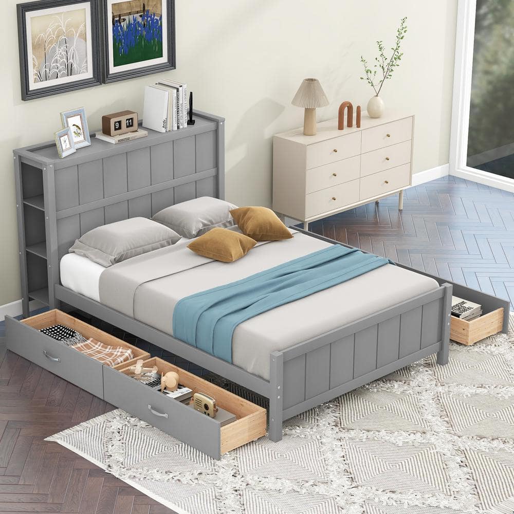 Harper & Bright Designs Gray Wood Frame Full Size Platform Bed with 4 ...