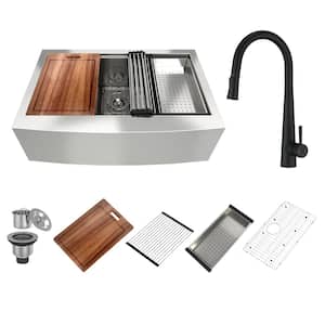 33 in. Farmhouse Single Bowl 18 Gauge Brushed Stainless Steel Kitchen Sink with with Faucet and Accessories