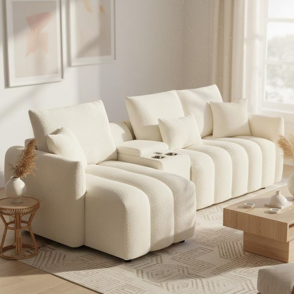 Nlybxa 92 in. Corner Teddy Fur Fabric Sofa with USB Port, Center Console, and Square Arm in Cotton White and Soft Ivory