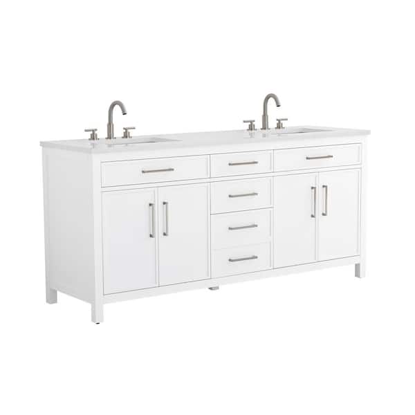 Cooper 72 in. W Bath Vanity in White with Engineered Stone Top in Ariston White with White Sinks