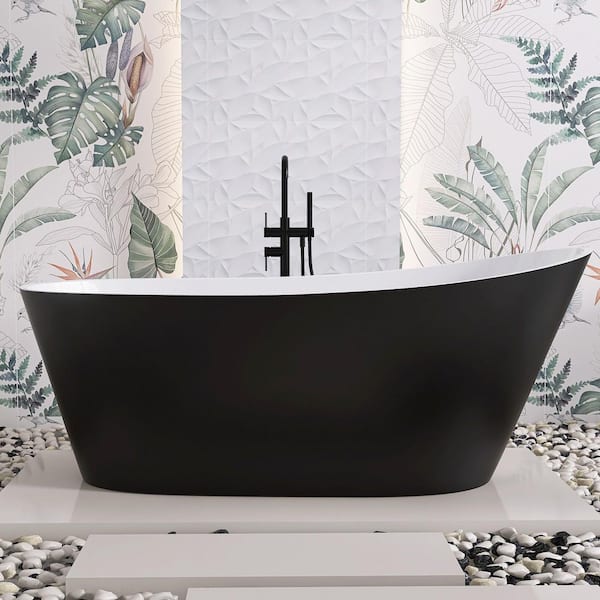 Neo 67in.x29.5in. Slipper Acrylic Freestanding Soaking Bathtub Flatbottom Oval Modern Tub w/ Pop-Up Drain in Matte Black