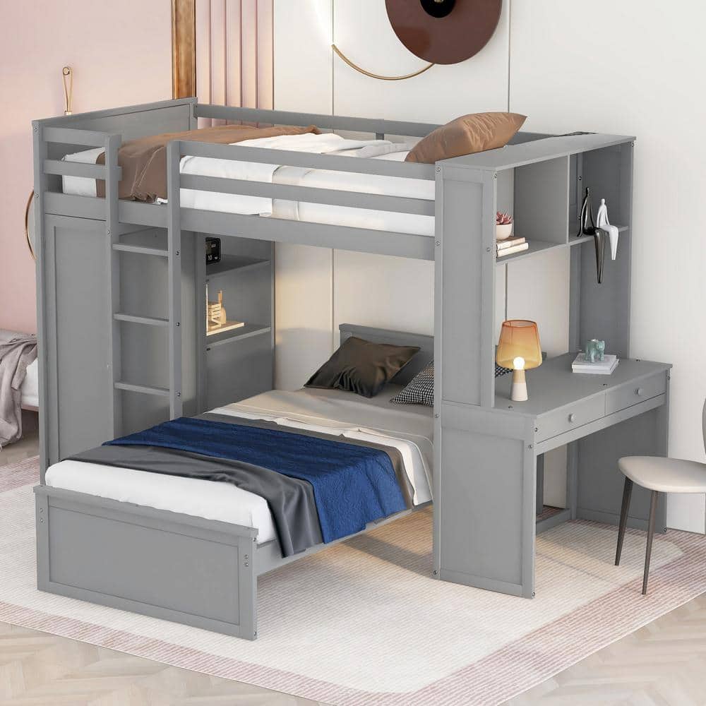 Harper Bright Designs Gray Twin Size Wood Bunk Bed with Wardrobe