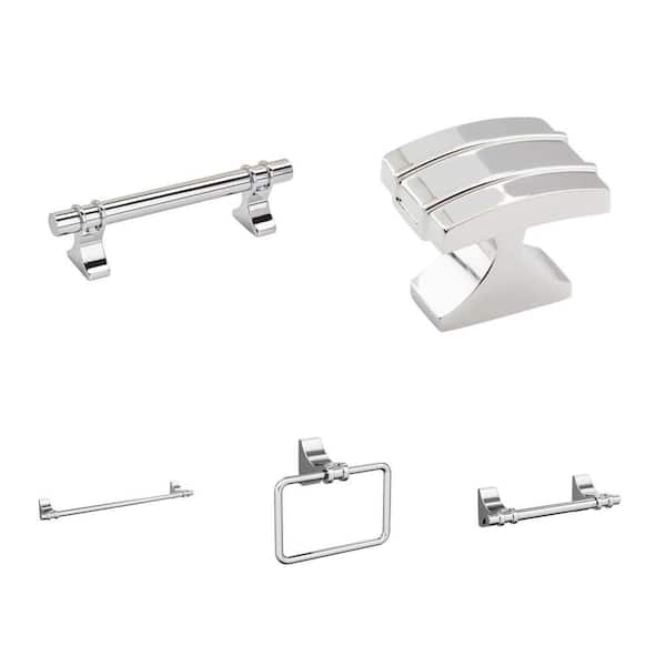 Davenport Polished Chrome Set: 3-3/4 in. Cabinet Pull, 1-1/4 in. Knob, 18 in. Towel Bar, Towel Ring and TP Holder