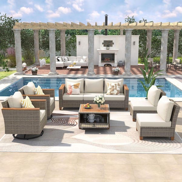 Brown 8-Piece Wicker Outdoor Sectional Set with Blue Cushions and