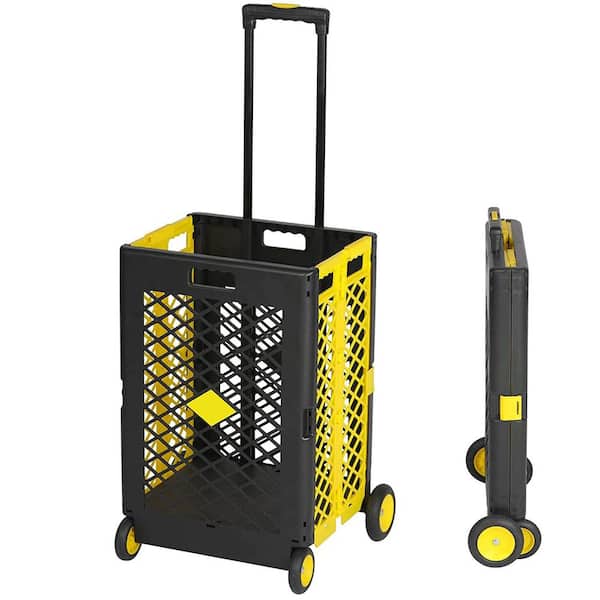 Aoibox Portable Foldable Rolling Kitchen Cart with Wheels, Telescopic Handle and Lid in Yellow and Gray