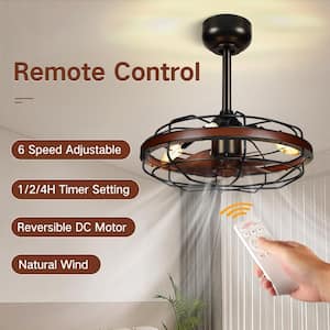 17.7 in. Indoor/Outdoor Enclosed Caged Black Ceiling Fan with Remote and 7 Wood Grain ABS Blades