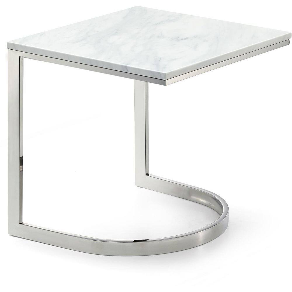 A square white marble-top end table with a polished chrome curved frame.
