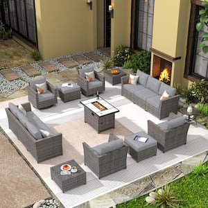 Vesta Gray 16-Piece Wicker Outerdoor Patio Rectangular Fire Pit Set with Dark Gray Cushions and Swivel Rocking Chairs