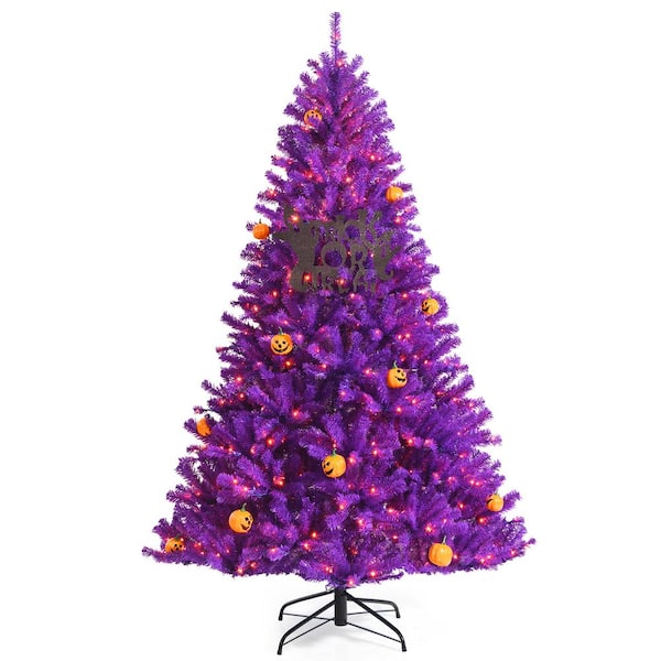 Gymax 6 ft. Pre -Lit Purple Artificial Christmas Tree Halloween Tree with Mini Pumpkins