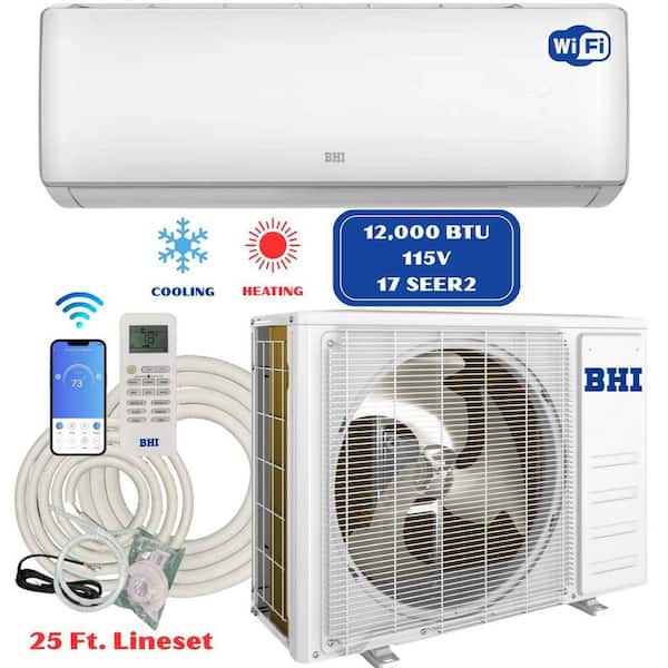 BHI 12,000 BTU 115-Volt, 17 SEER2, Wi-Fi, 600 sq. ft. Ductless Mini Split Air Conditioner with Heat Pump, 25 ft. Lineset
