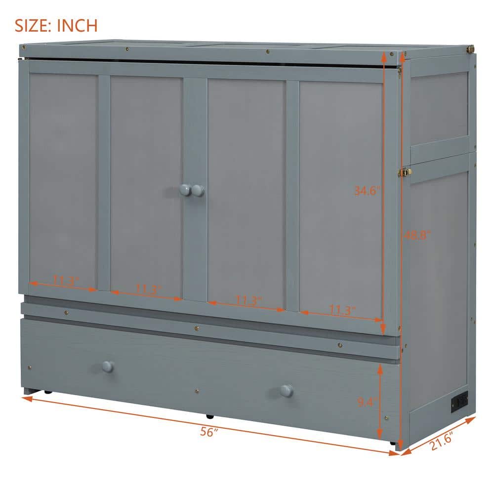 Gray Pine Full Size Murphy Bed with Large Drawer and USB Ports