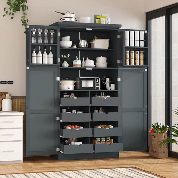 70.9 in. Freestanding Kitchen Pantry Cabinet with 4-Doors, 2-Door Shelves, 8-Pull-out Trays and Adjustable Shelf, Gray