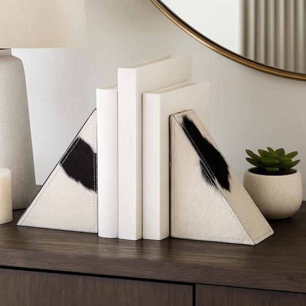 White/Black 6 in. x 7 in. Leather/Wood Cow Print Bookends (Set of 2)