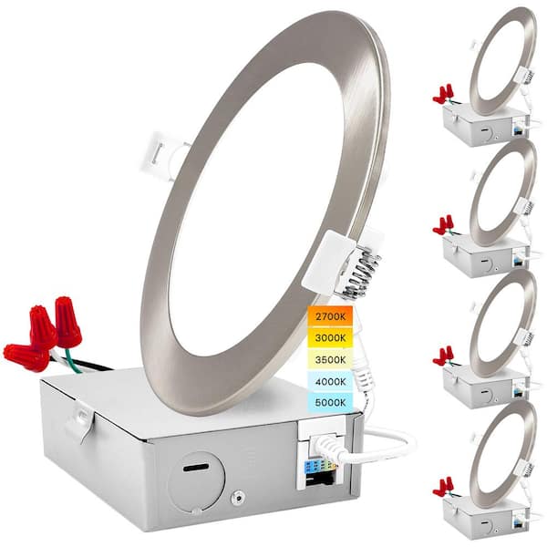 LUXRITE 6 in. Canless Ultra Thin J-Box 12W CCT 2700K - 5000K Remodel Integrated LED Recessed Light Kit Nickel 4 Pack