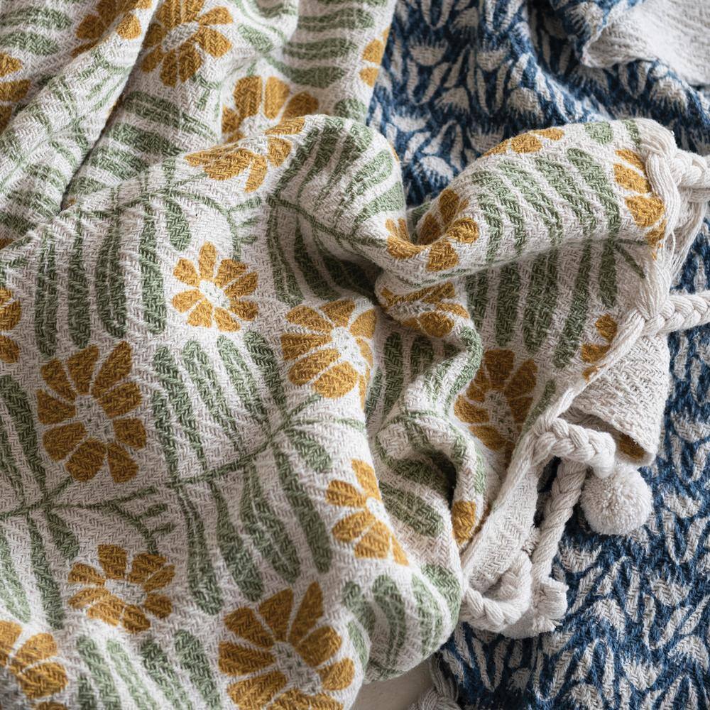 Sage and Mustard Floral Cotton Blend Throw with Pompom Tassels
