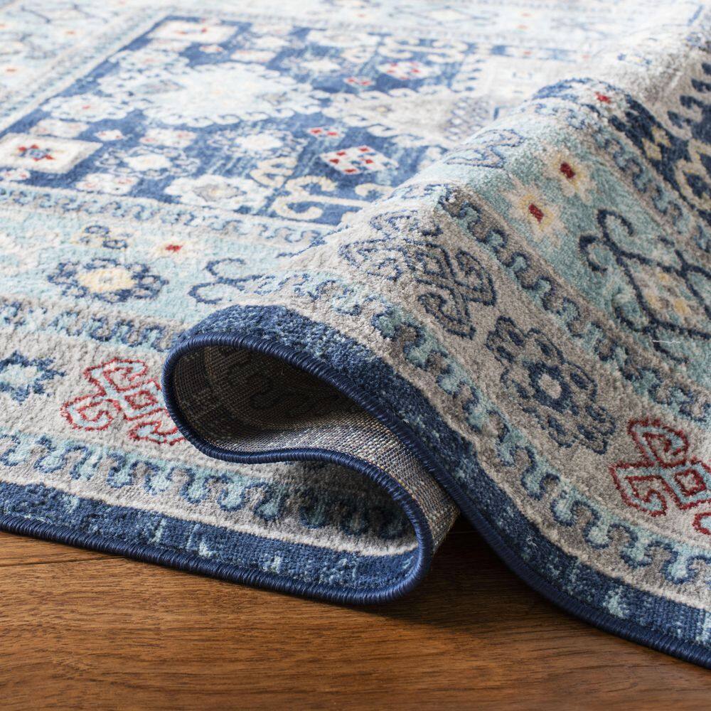 Blue and Cream Geometric Synthetic Runner Rug 2' x 8'
