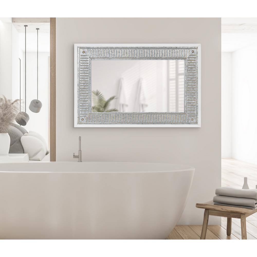 Deely 34.4" Rustic White Wooden Frame Wall Mirror with Galvanized Metal