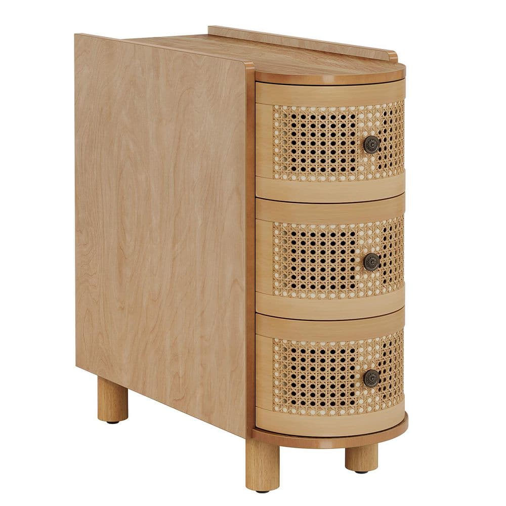Kerlin 10.62 in. Oak U-Shaped Solid Wood End Table, Side Table with 3 Rattan Drawer for Home Office, 1 Piece