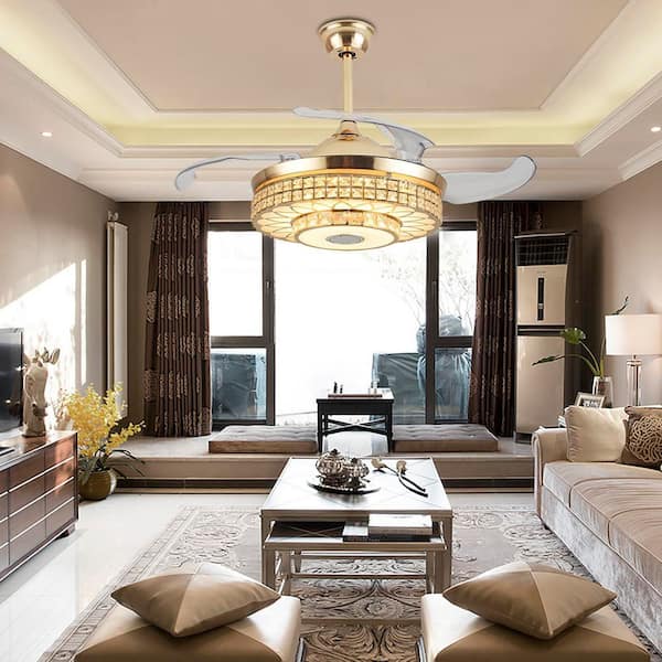 42 in. Indoor Gold Modern Retractable Crystal Ceiling Fan with Adjustable White Integrated LED and Remote